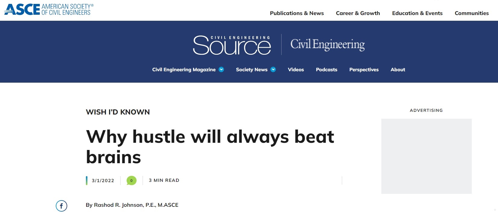 Ardmore Roderick President & CEO Rashod Johnson, PE guest writes ASCE "Wish I'd Known" article, "Why hustle will always beat brains"