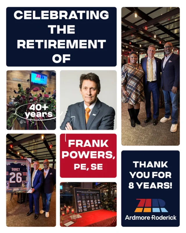 Today we celebrate the retirement of Frank Powers, PE, SE, whose 40+ year career—including 8 years at Ardmore Roderick—has helped shape our work and strengthen our mission. We are grateful for his guidance, mentorship, and lasting impact. Wishing him the very best in this next chapter!
 
#ArdmoreRoderick #Retirement #Leadership #CareerMilestone Congratulations