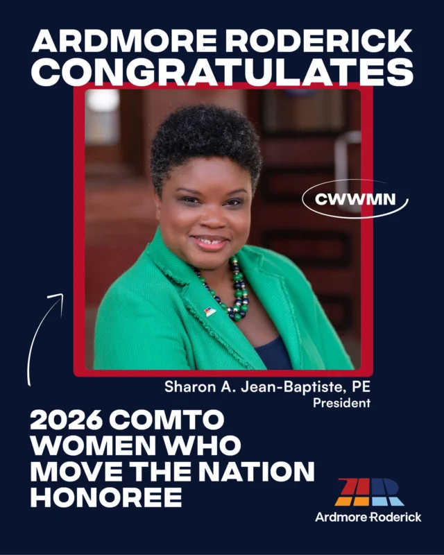 Congratulations to Ardmore Roderick President, Sharon A. Jean-Baptiste, PE, on being named one of COMTO’s 2026 Women Who Move the Nation (CWWMN) Honorees! 
 
CWWMN awards recognize women leaders for their excellence, innovation, and exemplary dedication to transportation. We look forward to attending the CWWMN awards ceremony next month to celebrate Sharon and the rest of the 2026 honorees!
 
#COMTO #CWWMN2026 #EngineeringExcellence #IndustryLeadership #WomeninSTEM