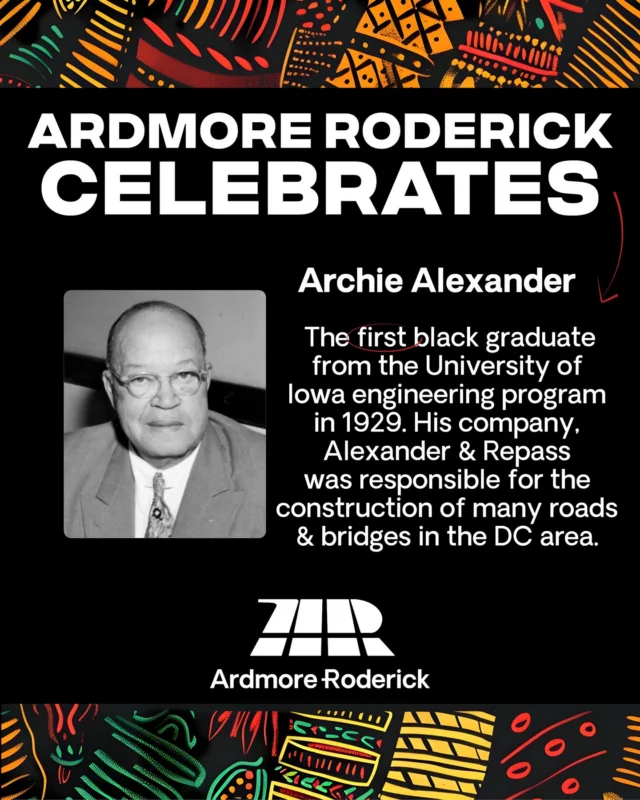 In honor of Black History Month, we are highlighting extraordinary Black historical figures in engineering.

Today we celebrate Archie Alexander. Alexander was an architect and engineer, and was the first black graduate from the University of Iowa engineering program in 1929. At the age of 26, Alexander formed his own engineering company with former football teammate, Maurice A. Repass. Alexander & Repass was responsible for the construction of many roads and bridges in the DC area such as the Tidal Basin Bridge, the Whitehurst Freeway, and an extension of the Baltimore-Washington Parkway. Alexander was also appointed Governor of the US Virgin Islands in 1954 by President Eisenhower!

His leadership and achievements left a lasting mark on both the built environment and public service, reflecting the power of engineering to shape communities and history alike.

#BlackHistoryMonth #EngineeringHistory #BlackEngineers #BlackExcellence #RepresentationMatters
