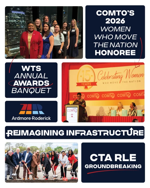 #ReimaginingInfrastructure goes beyond projects—it’s about the partnerships and moments that move our industry forward.

From honoring leadership at the COMTO Celebrating Women Who Move the Nation Awards—where our President, Sharon A. Jean-Baptiste, was recognized as a 2026 honoree—to connecting with peers and partners at the WTS Greater Chicago Chapter Annual Awards Banquet, our teams have been out in the industry connecting, leading, and building momentum.

We also joined our partners and the community to mark a major milestone—the groundbreaking of the CTA Red Line Extension. This transformative project will expand access, strengthen connections, and create new opportunities across Chicago’s South Side.

Together, these moments reflect the power of partnership, leadership, and shared purpose in shaping the future of infrastructure.

#InfrastructureWeek #IndustryLeadership #CommunityImpact #TeamArdmoreRoderick