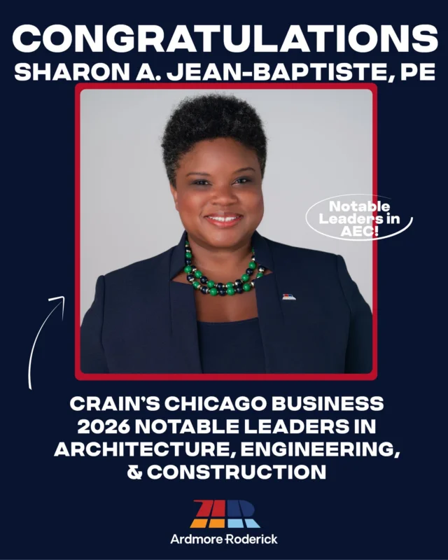 Congratulations to Ardmore Roderick President, Sharon A. Jean-Baptiste, PE, on being named one of Crain’s Chicago Business’s 2026 Notable Leaders in Architecture, Engineering, & Construction!

A well-deserved recognition of the impact she continues to make across our firm, our industry, and the communities we serve.

Read more at the link in our bio!

#CrainsChicagoBusiness #NotableLeaders #WomenInLeadership #AECIndustry #InfrastructureLeadership