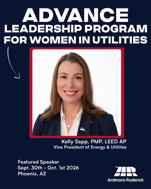 Ardmore Roderick’s Vice President of Energy & Utilities, Kelly Sapp, PMP, LEED AP, is a featured speaker at The ADVANCE Leadership Program for Women in Utilities this September!

Kelly will be sharing insights and lessons learned about career growth, delivering value, and her leadership journey. 

Join in-person in Phoenix or virtually to catch Kelly’s session!

#WomenInUtilities #WomenInEnergy #Leadership #CareerGrowth #TeamArdmoreRoderick