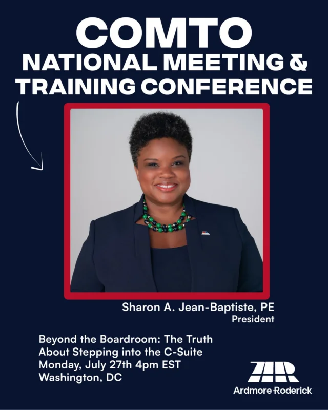We're excited to share that Ardmore Roderick President, Sharon A. Jean-Baptiste, PE will be speaking at the 2026 COMTO National Meeting & Training Conference in Washington, D.C.
 
Sharon will be part of the session "Beyond the Boardroom: The Truth About Stepping Into the C-Suite," where she'll join fellow industry leaders in discussing the realities of executive leadership, career growth, and the experiences that shape today's leaders.
 
We're proud to see Sharon representing Ardmore Roderick and contributing to conversations that help advance the transportation industry and inspire future leaders.
 
If you're attending COMTO, be sure to stop by the session!
 
#COMTO #NMTC26 #Leadership #WomeninSTEM #TeamArdmoreRoderick